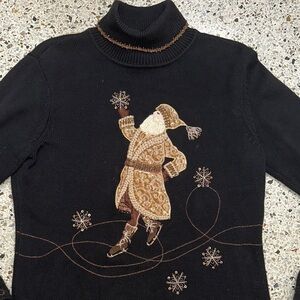 Talbots Petites black turtleneck sweater brown gold Santa clause beaded small s